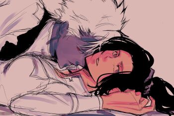 Rule 34 | 1boy, 1girl, almightybuttcheeks, alternate universe, bleach, bleach: sennen kessen-hen, breasts, colored skin, commentary, from side, hetero, highres, hitsugaya toushirou, jacket, kurosaki karin, limited palette, looking at viewer, lying, medium breasts, on back, ponytail, purple eyes, purple skin, quincy (bleach), red eyes, white hair, white jacket, zombie (bleach)