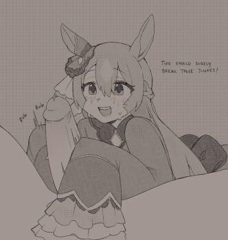 1boy 1girl :d animal_ears blush braid erection greyscale handjob hetero highres horse_ears horse_girl long_hair monochrome oniyanna open_mouth penis pov precum satono_diamond_(umamusume) sleeves_past_fingers sleeves_past_wrists smile sweat umamusume uncensored