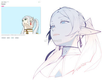 1girl blue_eyes cropped_shoulders earrings elf frieren hair_over_shoulder jewelry long_hair long_pointy_ears lvans meme pointy_ears portrait reference_inset screenshot_inset solo sousou_no_frieren teardrop_earrings twintails upward_angle_frieren_drawing_(meme) watermark weibo_watermark white_hair