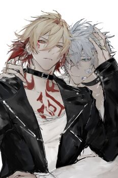 2boys 8410836214 absurdres antenna_hair black_choker black_jacket blonde_hair blue_eyes braid chest_tattoo chinese_commentary choker commentary_request facial_tattoo gradient_hair hand_on_another&#039;s_head highres honkai:_star_rail honkai_(series) jacket leather leather_jacket male_focus medium_hair multicolored_hair multiple_boys mydei_(honkai:_star_rail) neck_tattoo open_clothes open_jacket parted_bangs phainon_(honkai:_star_rail) red_hair red_tattoo shirt short_hair side_braid simple_background sun_symbol sun_tattoo tan tattoo torn_clothes torn_shirt white_background white_hair white_shirt yaoi yellow_eyes
