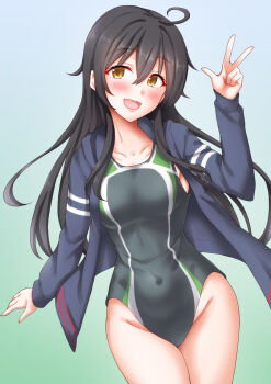 1girl ahoge alternate_breast_size_(larger) anti_(untea9) black_hair black_jacket black_one-piece_swimsuit blush breasts cowboy_shot green_background green_one-piece_swimsuit highres jacket kantai_collection long_hair long_sleeves looking_at_viewer medium_breasts mikazuki_(kancolle) one-piece_swimsuit open_mouth smile solo swimsuit v yellow_eyes