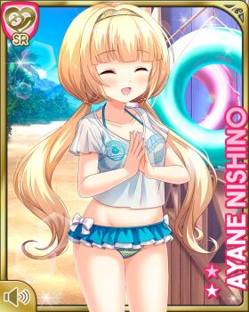 1girl :d barefoot beach bikini blonde_hair blue_bikini blue_skirt bow card character_name closed_eyes day girlfriend_(kari) innertube microskirt nishino_ayane official_art open_mouth outdoors qp:flapper red_eyes shirt skirt smile solo spa standing swim_ring swimsuit tagme twintails white_bow white_shirt