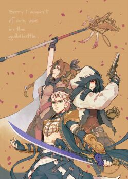 1girl 2boys aerith_gainsborough aerith_gainsborough_(bahamut_robe) armor belt black_capelet black_gloves black_hair black_nails black_pantyhose black_ribbon black_romper black_vest blue_flower blue_rose braid braided_ponytail breasts brown_background brown_hair brown_pantyhose capelet clawed_gauntlets crop_top elbow_gloves english_text falling_petals fighting_stance final_fantasy final_fantasy_vii final_fantasy_vii:_ever_crisis fingerless_gloves flower fur-trimmed_jacket fur_trim gloves gold_armor gold_trim green_eyes grey_hair gun hair_between_eyes hair_ornament hair_ribbon hair_slicked_back holding holding_gun holding_staff holding_sword holding_weapon jacket komm_ec_7 long_hair loose_belt medium_breasts midriff multicolored_jacket multiple_boys nail_polish official_alternate_costume pantyhose parted_bangs parted_lips petals red_eyes red_petals ribbon romper rose sephiroth sephiroth_(cape_of_the_worthy) sephiroth_(ever_crisis) short_hair shoulder_armor sidelocks single_braid smile snake_hair_ornament staff sword two-tone_jacket vambraces vest vincent_valentine vincent_valentine_(stray_dog) weapon