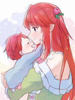 1boy 1girl absurdres baby bare_shoulders blue_eyes blush carrying closed_eyes closed_mouth dress flower from_side hair_flower hair_ornament happy heinkel_astrea highres long_hair long_sleeves mother_and_daughter mother_and_son multiple_girls off-shoulder_dress off_shoulder open_mouth pink_flower profile rain_re_a re:zero_kara_hajimeru_isekai_seikatsu red_hair smile sparkle theresia_van_astrea upper_body