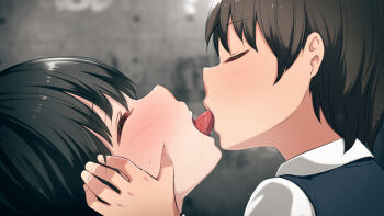 1boy 1girl age_difference black_hair blue_sweater blush bob_cut brown_hair close-up closed_eyes collared_shirt dress_shirt french_kiss hands_on_another's_face head_grab hetero highres indoors kemuri_haku kiss onee-shota open_mouth original prostitution saliva shirt short_hair shota shotadom skindentation sweat sweater sweater_vest tongue tongue_out tongue_suck white_shirt
