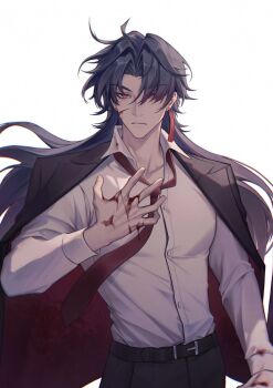 1boy arm_up belt belt_buckle bh495 black_belt black_hair black_jacket black_pants blade_(honkai:_star_rail) blood blood_on_hands buckle closed_mouth collarbone collared_shirt cowboy_shot earrings fingernails floating_hair frown hair_over_one_eye hashtag-only_commentary highres honkai:_star_rail honkai_(series) injury jacket jacket_on_shoulders jewelry lapels looking_at_viewer male_focus necktie one_eye_covered open_clothes open_collar open_jacket pants parted_hair piercing red_eyes red_jacket red_necktie shirt shirt_tucked_in simple_background single_earring solo two-sided_fabric two-sided_jacket white_background white_shirt wing_collar