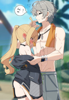 1boy 1girl absurdres black_choker black_jacket blonde_hair blue_sky blurry blurry_background blush breasts choker clothed_male_nude_female commentary covering_own_mouth day embarrassed grey_hair highres jacket long_hair luciana_de_montefio medium_breasts nude outdoors palm_tree short_hair side_ponytail sky summer symbol-only_commentary tree w.k wise_(peaceful_waves)_(zenless_zone_zero) wise_(zenless_zone_zero) zenless_zone_zero