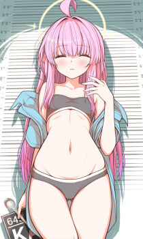 1girl ahoge blue_archive blush bra closed_eyes collarbone collared_shirt commentary flat_chest gluteal_fold groin halo height_mark highres holding holding_sign holding_spork kaya_(blue_archive) kaya_(prison)_(blue_archive) kooriyama_azuki long_hair mugshot navel off_shoulder panties parted_lips pink_hair prison_clothes shirt sign solo spoon spork standing stomach underwear yellow_halo
