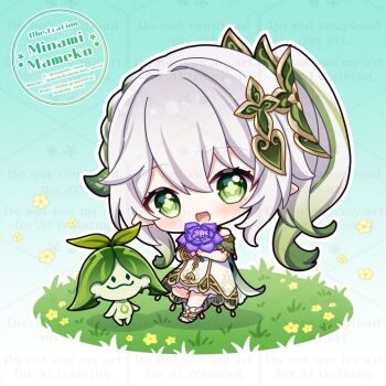 1girl aranara_(genshin_impact) bare_shoulders chibi chibi_only commentary_request cross-shaped_pupils detached_sleeves dress flower full_body genshin_impact gold_trim gradient_hair green_eyes green_hair green_sleeves hair_between_eyes hair_ornament holding holding_flower leaf_hair_ornament long_hair looking_at_viewer mameko_minami multicolored_hair nahida_(genshin_impact) pointy_ears side_ponytail sleeveless sleeveless_dress solo standing sumeru_rose_(genshin_impact) symbol-shaped_pupils watermark white_dress white_hair
