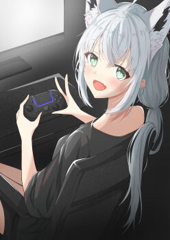 1girl ahoge animal_ear_fluff animal_ears black_shirt blush braid chair chikuwa_(user_kngc4387) commentary computer_keyboard controller extra_ears fang fox_ears fox_girl game_controller green_eyes hair_between_eyes highres holding holding_controller holding_game_controller hololive long_hair looking_at_viewer looking_back monitor open_mouth shirakami_fubuki shirakami_fubuki_(loungewear) shirt sidelocks single_braid sitting skin_fang solo virtual_youtuber white_hair