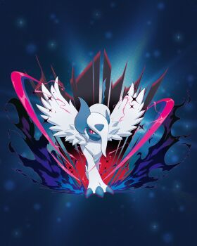 Rule 34 | absol, akikan (kantaro), all fours, animal focus, aura, body fur, bright pupils, claws, commentary, dark aura, english commentary, full body, gen 3 pokemon, highres, mega absol, mega pokemon, nintendo, no humans, official art, pokemon, pokemon (creature), pokemon focus, red eyes, second-party source, solo, white fur, white pupils, white wings, wings