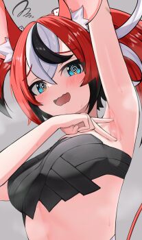 1girl @_@ absurdres animal_ear_fluff animal_ears arm_up armpit_focus armpits black_bra black_hair blue_eyes blush bra breasts dice_hair_ornament double-parted_bangs hair_between_eyes hair_ornament hakos_baelz highres hololive hololive_english mouse_ears mouse_girl mouse_tail multicolored_hair nobarts open_mouth presenting_armpit raised_inner_eyebrows red_hair simple_background solo spread_armpit streaked_hair tail twintails underwear uneven_twintails virtual_youtuber wavy_mouth white_hair