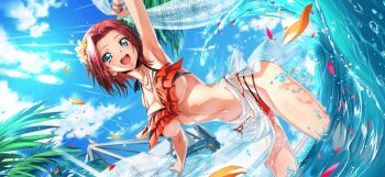 1girl arm_up armpits artist_request bikini blue_eyes blue_sarong blue_sky blush bracelet breasts caustics cloud code_geass code_geass:_lost_stories collarbone cowboy_shot day dutch_angle falling_petals female_focus flower forehead frilled_bikini frills game_cg hair_flower hair_intakes hair_ornament happy highres jewelry kouzuki_kallen large_breasts light_blush light_rays looking_at_viewer multi-strapped_bikini_bottom multicolored_bikini navel necklace non-web_source ocean official_art open_mouth orange_flower outdoors petals red_hair sarong see-through_clothes shiny_skin short_hair sidelocks sky smile solo splashing standing stomach sunlight swimsuit teeth thighs tree two-tone_bikini underboob wading water waves