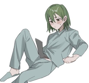1boy blue_pajamas blush disembodied_hand green_hair hand_under_clothes highres lobotomy_corporation lying male_focus molestation mu46016419 on_back pajamas project_moon reclining short_hair shota simple_background slippers solo_focus sweat white_background