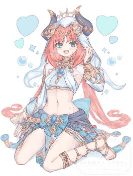 Rule 34 | 1girl, absurdres, blue gemstone, bracer, brooch, circlet, commentary request, fake horns, fumicode2 3, gem, genshin impact, gladiator sandals, gold sandals, harem outfit, highres, horns, jewelry, long hair, long sleeves, midriff, neck ring, nilou (genshin impact), padisarah flower, puffy long sleeves, puffy sleeves, red hair, sandals, solo, thighlet, veil, white veil