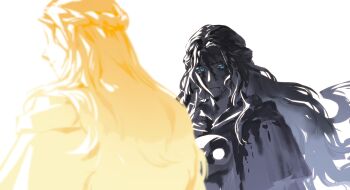 2girls blonde_hair blood blood_from_mouth blood_in_hair blood_on_clothes blood_on_face blue_eyes blurry blurry_foreground braid depth_of_field dual_persona final_fantasy final_fantasy_xiv grey_hair half_up_braid highres long_hair looking_at_viewer mask mask_around_neck multiple_girls simple_background unworn_mask upper_body venat_(ff14) wavy_hair white_background zmeoow