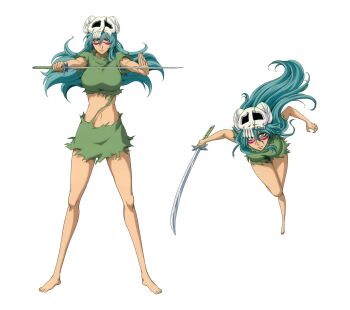 1girl arrancar artist_name barefoot bleach bleach:_brave_souls breasts curvy espada facial_mark female_focus floating_hair green_hair highres holding holding_sword holding_weapon jumping large_breasts leaning_forward legs_together long_hair looking_at_viewer mask mask_on_head multiple_views nelliel_tu_odelschwanck official_art parted_lips scan simple_background skull_mask skull_on_head standing sword third-party_edit torn_clothes weapon white_background wide_hips