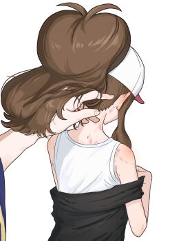 1boy 1girl baseball_cap bite_mark black_vest blush brown_hair bruise bruise_on_back bruise_on_face bruise_on_neck bruise_on_shoulder commentary_request ear_blush embarrassed facing_another facing_away ghetsis_(pokemon) hand_in_another's_hair hand_on_another's_head hat high_ponytail highres hilda_(pokemon) injury inuka_48 long_sidelocks looking_down nape nintendo open_clothes open_vest outstretched_arm partially_unzipped pokemon pokemon_black_and_white ponytail sidelocks sweatdrop tank_top upper_body vest wavy_hair white_background white_hat white_tank_top