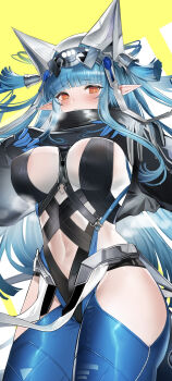 Rule 34 | 1girl, absurdres, arknights, arknights: endfield, blue gloves, blue hair, blush, breasts, brown eyes, chinese commentary, clothing cutout, commentary request, covered erect nipples, gloves, highres, last rite (arknights), leotard, long hair, looking at viewer, navel, pointy ears, see-through clothes, simple background, solo, sweat, thighs, two-tone background, user vcxf5283, white background, yellow background