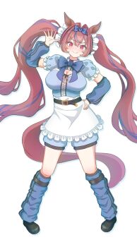 1girl animal_ears blush bow breasts brown_hair commentary_request daiwa_scarlet_(umamusume) fang framed_breasts hair_between_eyes hair_intakes highres horse_ears horse_girl horse_tail horus_furefure large_breasts long_hair looking_at_viewer red_eyes shirt skin_fang smile solo tail twintails umamusume very_long_hair