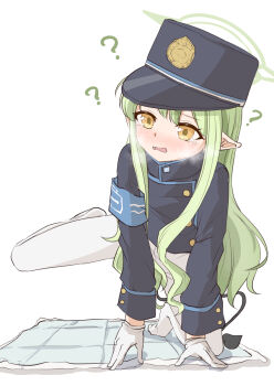 Rule 34 | 1girl, ?, all fours, armband, black hat, blue archive, blue armband, blush, commentary, demon tail, full body, gloves, green hair, green halo, halo, hat, heavy breathing, hikari (blue archive), highres, leg lift, leg up, long hair, long sleeves, looking at viewer, no shoes, nose blush, open mouth, peaked cap, pee pad, pointy ears, simple background, solo, symbol-only commentary, tail, tearing up, tsukinomiya g, uniform, variant set, very long hair, wavy mouth, white background, white gloves, yellow eyes