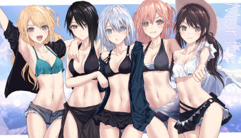 5girls :d aqua_bikini arm_up armpits bang_dream! bang_dream!_girls_band_party! bikini bikini_skirt bikini_top_only black_bikini black_hair blonde_hair blue_bikini blue_eyes blue_jacket breasts brown_eyes brown_hair chestnut_mouth cleavage closed_mouth collarbone commentary cowboy_shot detached_sleeves expressionless futaba_tsukushi grey_shorts grin group_name hand_on_another's_shoulder highres hiromachi_nanami hood hooded_jacket jacket kirigaya_toko kurata_mashiro large_breasts light_frown long_hair long_sleeves looking_at_viewer low_twintails medium_breasts morfonica multiple_girls navel one_side_up open_clothes open_jacket open_mouth short_hair short_shorts short_sleeves shorts smile stomach swimsuit teeth twintails two_side_up upper_teeth_only v-shaped_eyebrows white_bikini white_hair yashio_rui yukitake_(bullfalk)