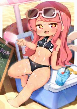 1girl adversarial_noise ashur_(trickcal) barefoot bikini black_bikini breasts cedar_(cedar_japonica) commentary_request eyewear_on_head food large_variant_set long_hair navel open_mouth paid_reward_available pink_hair popsicle sitting small_breasts smile solo suggestive_fluid sunglasses swimsuit trickcal variant_set
