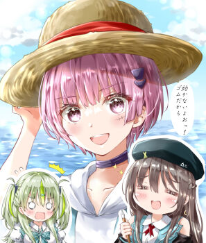 3girls :d ayaro_(genkiloobaii) bare_shoulders beret black_jacket blue_sky blush bow braid breasts brown_hair chibi choker closed_eyes clothing_cutout cloud collarbone collared_shirt day drawstring earrings flying_sweatdrops green_hair hair_between_eyes hair_ornament hairclip hand_on_headwear hand_up hat heaven_burns_red highres holding hood hood_down hoodie horizon jacket jewelry long_hair long_sleeves looking_at_viewer medium_breasts multicolored_hair multiple_girls ocean ooshima_ichiko ooshima_isuzu ooshima_minori open_mouth outdoors pink_hair puffy_short_sleeves puffy_sleeves purple_eyes shirt short_hair short_sleeves shoulder_cutout siblings sky sleeveless sleeves_past_wrists smile sparkle straw_hat streaked_hair sun_hat teeth two_side_up upper_body upper_teeth_only very_long_hair water white_hoodie white_shirt