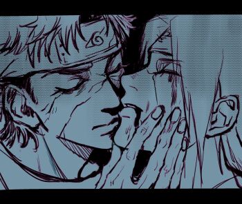 2boys black_border blood blood_from_mouth border closed_eyes closed_mouth forehead_protector highres konohagakure_symbol letterboxed male_focus momoyoru1 monochrome multiple_boys naruto_(series) naruto_shippuuden polka_dot short_hair uchiha_itachi uchiha_shisui yaoi