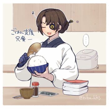 Rule 34 | 1boy, apron, black kimono, bowl, brown hair, eyepatch, gregor (project moon), hair bun, holding, holding bowl, japanese clothes, kimono, krkm hks, kurokumo clan (identity) (project moon), limbus company, project moon, rice, rice cooker, shamoji, solo, soy sauce, translation request, upper body, white apron