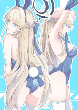 1girl absurdres adjusting_hair animal_ears aqua_bow aqua_bowtie armpits arms_behind_head arms_up black_hair blue_archive blue_eyes blue_hairband blue_halo blue_leotard bow bowtie detached_collar earpiece expressionless fake_animal_ears fake_tail from_behind from_side hair_lift hair_tie_in_mouth hairband halo hands_in_own_hair highleg highleg_leotard highres leotard long_hair mouth_hold multiple_views official_alternate_costume playboy_bunny rabbit_ears rabbit_tail shiraae_quartet solo strapless strapless_leotard tail thighhighs toki_(blue_archive) toki_(bunny)_(blue_archive) tying_hair white_thighhighs white_wrist_cuffs wrist_cuffs