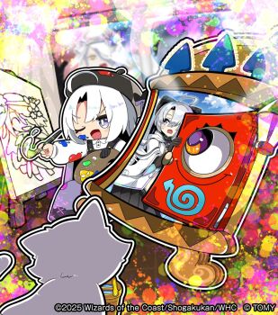 1girl 2025 anekorip apron beret black_apron black_bow black_skirt bow bucket canvas_(object) cat chibi commentary_request copyright_notice creature dress duel_masters duel_masters_play's grey_eyes hair_bow hair_over_one_eye hat hat_bow holding holding_paint_palette holding_paintbrush kanon_(duel_masters) multiple_views official_art one-eyed one_eye_closed paint_on_clothes paint_palette paint_splatter paint_splatter_on_face paintbrush peeking shirt skirt white_dress white_hair white_shirt