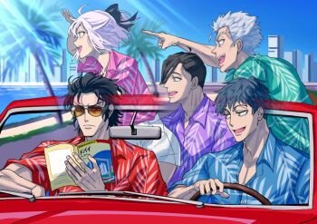 Rule 34 | 1girl, 4boys, bevel, black hair, blue shirt, blue sky, car, closed mouth, collared shirt, commentary request, driving, fate/grand order, fate (series), forked eyebrows, green shirt, hijikata toshizou (fate), looking afar, matching outfits, motor vehicle, multiple boys, okita souji (fate), open mouth, pectorals, pink shirt, pointing, purple shirt, red shirt, saitou hajime (fate), shirt, short hair, sky, sunglasses, white hair, yamanami keisuke (fate)