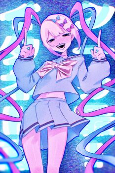 1girl blue_bow blue_eyes blue_hair blue_shirt blue_skirt blush bow chouzetsusaikawa_tenshi-chan feet_out_of_frame gero_zatta0w0 hair_bow half-closed_eyes highres index_fingers_raised long_hair long_sleeves looking_at_viewer multicolored_hair multiple_hair_bows navel needy_girl_overdose open_mouth pink_bow pink_hair pleated_skirt purple_bow quad_tails sailor_collar school_uniform serafuku shirt skirt smile solo static teeth text_background very_long_hair white_hair yellow_bow