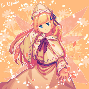 1girl blonde_hair blue_eyes bow bowtie capelet closed_mouth commission dress fairy fairy_wings floral_print furahata_gen hair_ribbon hat highres lily_white long_dress long_hair long_sleeves orange_background outstretched_hand petals red_bow red_bowtie red_ribbon ribbon smile snowflake_print solo standing swept_bangs touhou white_capelet white_dress white_hat wings
