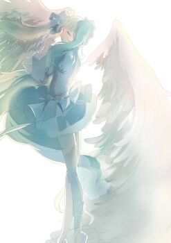 1girl angel_wings aqua_hair back_bow ballet_slippers black_bow blue_eyes blue_skirt bow eyelashes feathered_wings floating_hair foot_out_of_frame frilled_sleeves frills from_side grey_shirt grey_thighhighs hair_bow hair_over_shoulder hatsune_miku highres interlocked_fingers juliet_sleeves long_legs long_sleeves looking_at_viewer miniskirt morgue_(southsakura) own_hands_clasped own_hands_together parted_lips petticoat pleated_skirt pointy_nose puffy_sleeves shirt shoes simple_background skirt solo spread_wings thighhighs tiptoes twintails vocaloid white_background white_bow white_shoes white_wings wide_sleeves wings