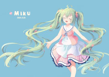 1girl ^_^ absurdres antenna_hair apron bare_arms blue_background blue_ribbon blush breasts buji character_name closed_eyes commentary_request dated feet_out_of_frame flower frilled_shirt_collar frills green_hair hair_flower hair_ornament hatsune_miku highres long_hair neck_ribbon open_hands open_mouth pink_flower pink_skirt pink_vest ribbon sailor_collar shirt simple_background skirt sleeveless sleeveless_shirt small_breasts smile solo twintails very_long_hair vest vocaloid waist_apron walking white_apron white_sailor_collar