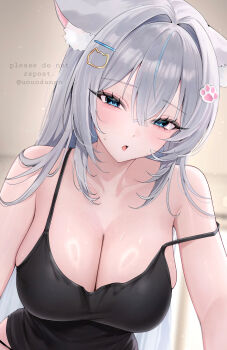 Rule 34 | 1girl, :o, absurdres, animal ear fluff, animal ears, bare shoulders, black camisole, blue eyes, blue hair, blush, breasts, camisole, cat ears, cat girl, cat hair ornament, cleavage, collarbone, commentary, commission, crossed bangs, english commentary, grey hair, hair between eyes, hair intakes, hair ornament, hairclip, highres, large breasts, leaning forward, long hair, looking at viewer, namedango (uouodango), original, parted lips, paw hair ornament, skindentation, solo, strap slip, sweat, symbol-only commentary, twitter username, upper body, very long hair, virtual youtuber