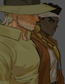 Rule 34 | 2boys, bantu knots, beard, black eyes, black hair, collared shirt, dark-skinned male, dark skin, earrings, facial hair, grey background, grey hair, hat, headband, highres, jewelry, jojo no kimyou na bouken, joseph joestar, joseph joestar (old), lingusnita, looking at another, looking to the side, male focus, mohammed avdol, multiple boys, necklace, scar, scar on face, shirt, stardust crusaders, upper body