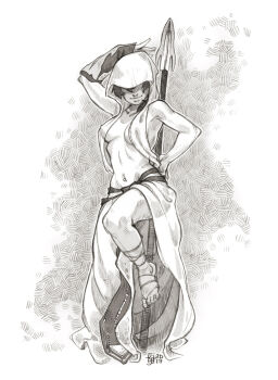arm_over_head artist_logo breast_curtains breasts circe_(e.y.e:_divine_cybermancy) commentary dancer dancing dated e.y.e:_divine_cybermancy english_commentary full_body hand_on_own_hip highres hood_over_eyes hooded_dress knee_up leaning_on_object logo medium_breasts medium_hair monochrome navel navel_piercing piercing pole_dancing polearm revealing_clothes ryouhiko_ankuu sandals simple_background sketch smile spear weapon white_background woven_hatching