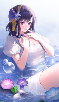 1girl absurdres air_bubble alternate_costume blue_sky blunt_bangs blush breasts bubble cleavage closed_mouth cloud cloudy_sky commentary_request covering_own_mouth detached_collar dress fan_hair_ornament flower flower_ornament from_side genshin_impact hair_ornament hand_over_own_mouth highres light_smile long_sleeves looking_at_another looking_to_the_side medium_breasts mole mole_under_eye on_water outdoors purple_eyes purple_flower purple_hair purple_nails raiden_shogun shy singeub sitting sitting_on_water sky solo thighs water white_dress