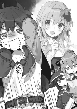 0_0 1boy 3girls armor arms_up belt blush braid breasts button_eyes buttons cape capelet collarbone darkness_(konosuba) deformed dress food food-themed_hair_ornament fruit fruit_hair_ornament gloves grape_hair_ornament grapes grey_hair hair_between_eyes hair_ornament hat highres holding iris_(konosuba) jitome kono_subarashii_sekai_ni_shukufuku_wo! long_hair long_sleeves looking_at_viewer megumin mishima_kurone monochrome motion_lines multiple_girls novel_illustration official_art open_mouth parted_lips ponytail ponytail_with_braided_base satou_kazuma shirt short_hair side_braid sidelocks small_breasts smile speed_lines standing sweat third-party_source upper_body v-shaped_eyebrows witch_hat x_hair_ornament