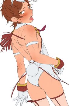1boy alternate_costume animal_ears ass back blush brown_eyes brown_hair commentary cowboy_shot crossdressing crossdressing_(mtf) fake_animal_ears fake_tail from_behind highres k-project male_focus male_playboy_bunny rabbit_ears rabbit_tail simple_background skindentation solo symbol-only_commentary tail teeth thighhighs tongue tongue_out treslech3s unfinished white_background yata_misaki