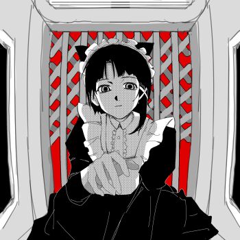 1girl black_hair closed_mouth collar commentary greyscale hair_ornament highres huannnnn iwakura_lain looking_at_viewer maid maid_headdress monochrome parted_bangs reaching reaching_towards_viewer serial_experiments_lain short_hair smile solo spot_color symbol-only_commentary x_hair_ornament