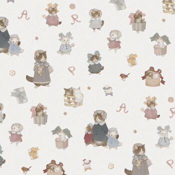 baby_animal bird bonnet bow box brown_fur cat closed_eyes coat collar commentary_request cookie donut dress food frilled_collar frills full_body gift gift_box hair_bow hair_ribbon highres holding holding_gift kitten long_sleeves lying muted_color nekosuke_(oxo) no_humans original pancake pancake_stack pastel_colors patterned_background ribbon sitting smile snowman standing star_(symbol) tabby_cat white_fur