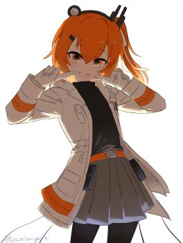 1girl a.i._voice adachi_rei belt black_sweater black_thighhighs commentary_request fingers_to_cheeks gloves grey_skirt hair_ornament hairclip headlamp highres jacket looking_at_viewer lycorisanguine one_side_up open_clothes open_jacket orange_belt orange_eyes orange_hair orange_trim pleated_skirt radio_antenna simple_background skirt smile solo sweater teeth thighhighs turtleneck turtleneck_sweater utau white_background white_gloves white_jacket