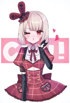 1girl 25cpnk back_bow ben-day_dots black_bow black_gloves blowing_kiss blunt_bangs blush bob_cut bow bowtie buttons center_frills clothing_cutout collar colored_inner_hair cropped_torso dress elbow_gloves fingerless_gloves frilled_dress frills glove_cutout gloves grey_hair hand_up hat hat_bow heart heart_button heart_cutout heart_o-ring highres idol_clothes layered_dress looking_at_viewer makaino_ririmu medium_hair mini_hat multicolored_hair nijisanji o-ring official_alternate_costume official_alternate_hairstyle one_eye_closed parted_lips pink_hair plaid_clothes plaid_dress plaid_sleeves puffy_short_sleeves puffy_sleeves rabbit_ear_headwear red_bow red_bowtie red_dress red_eyes red_sleeves screentones short_dress short_sleeves shoulder_strap simple_background solo streaked_hair underboob_cutout virtual_youtuber white_background white_collar