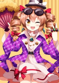 Rule 34 | 1girl, ;d, blush, bow, commentary request, cowboy shot, dress, dress bow, drill hair, earrings, eyewear on head, hair bow, hand fan, hat, hat bow, highres, holding, holding fan, jacket, jewelry, long sleeves, looking at viewer, one eye closed, open clothes, open jacket, open mouth, orange eyes, orange hair, purple jacket, red bow, ring, round eyewear, ruu (tksymkw), short hair, smile, solo, sunglasses, top hat, touhou, twin drills, white dress, yorigami jo'on