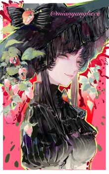 1girl absurdres ascot black_ascot black_hair black_hat black_veil border eyelashes eyeshadow fang fang_out food fruit fruit_hat_ornament grey_eyes hat hat_ornament highres juliet_sleeves large_hat leaf lips long_hair long_sleeves looking_at_viewer makeup one_eye_closed original outside_border puffy_sleeves shibahao_mianyang_lieche sidelocks solo strawberry strawberry_hat_ornament upper_body veil white_border worm