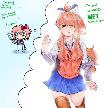 Rule 34 | 2girls, ashytown, blue background, bow, brown hair, cellphone, commentary, doki doki literature club, doki doki literature club school uniform, english commentary, english text, fanning face, hair bow, highres, implied yuri, long hair, long sidelocks, monika (doki doki literature club), multiple girls, phone, sayori (doki doki literature club), school uniform, shore, sidelocks, simple background, speech bubble, talking, thighhighs, thought bubble, white background, white bow, zettai ryouiki